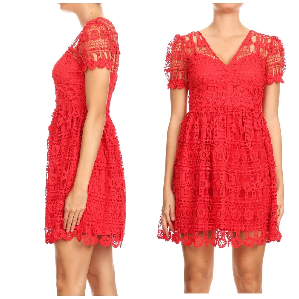 INA Sophisticated Chic Hot Red Crochet Overlay Short Dress - Picture 4 of 5
